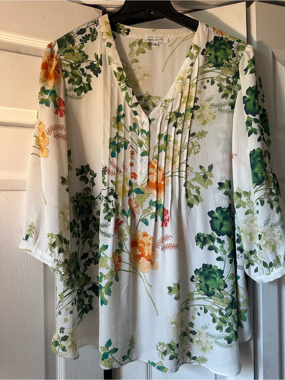 Rose & Olive Floral Button-Front V-Neck Blouse in White, Green & Orange